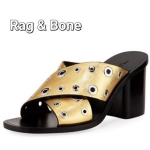 NEW Rag & Bone Gold Leather Grommet Paige Block Heel Slide sandals 7M $495 #3025